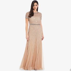 Adrianna Papell CAP SLEEVE BEADED GOWN IN CHAMPAGNE size 14 NWT